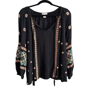 Sundance Black Boho Blouse with Teal and Peach Embroidery